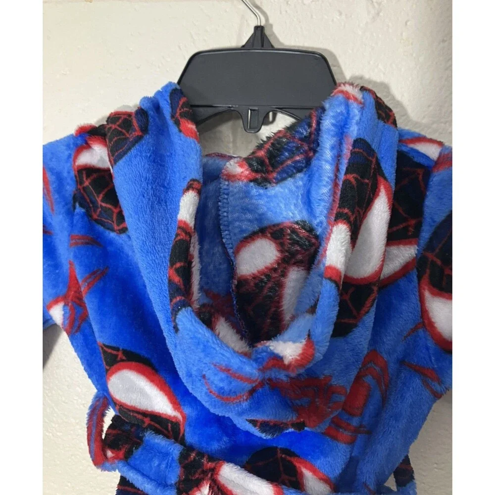 Marvel Spiderman Kids Robe XXS 2T Blue Red Fleece Belted Hooded Soft NWT